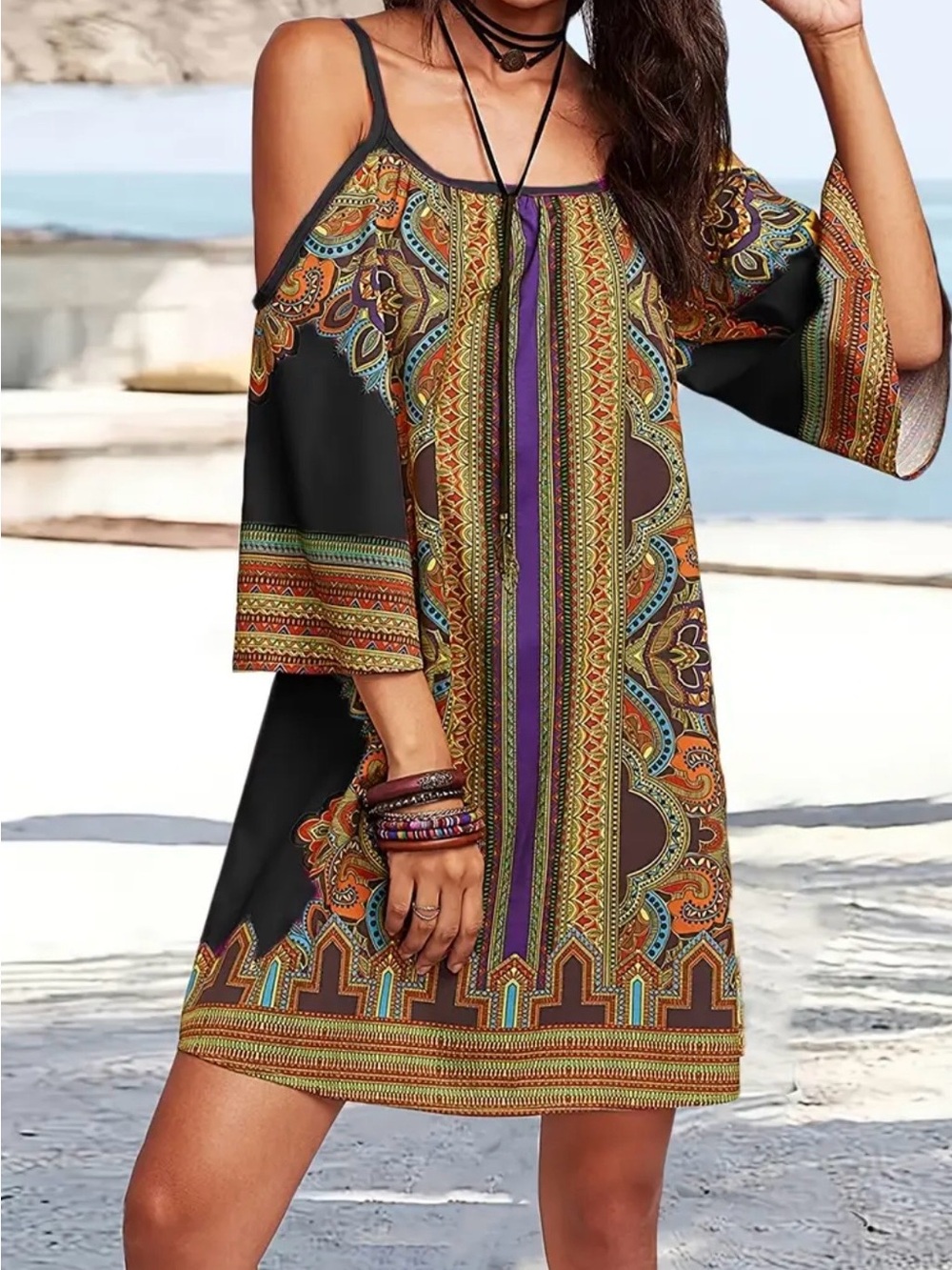 Boho Mandala Cold Shoulder Mini Dress